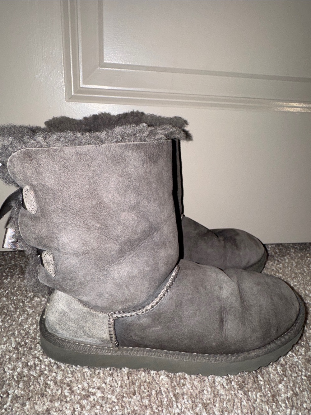 UGG Gray Suede Bow-Back Shearling Boots